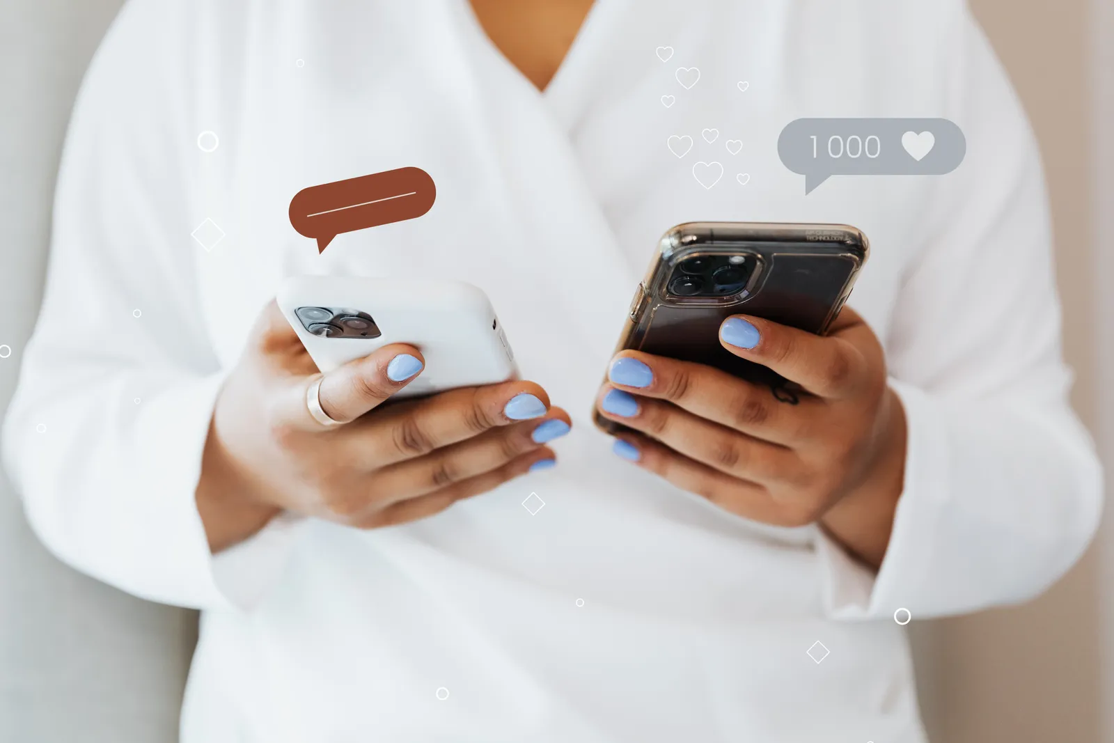 A woman holding two phones, message and like icons floating above them